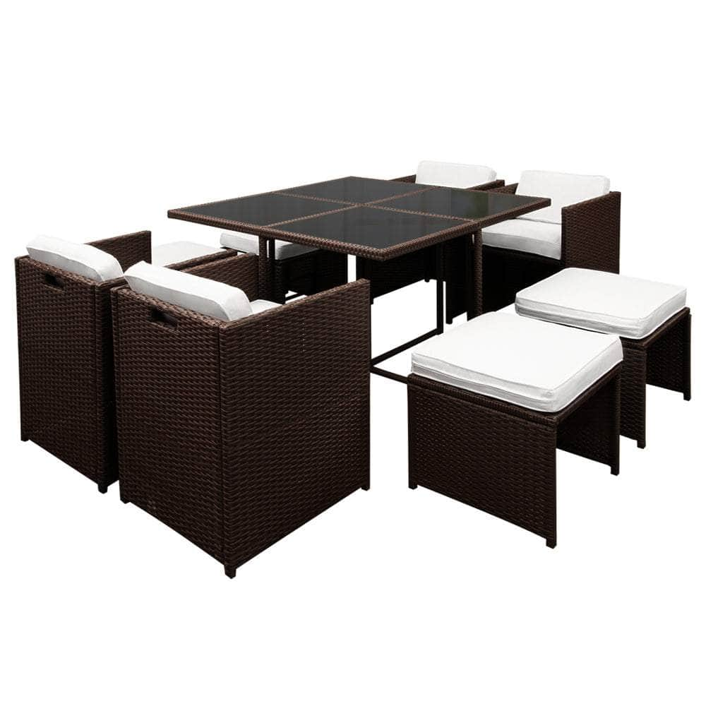 9 Piece Wicker Outdoor Dining Set - Brown & White