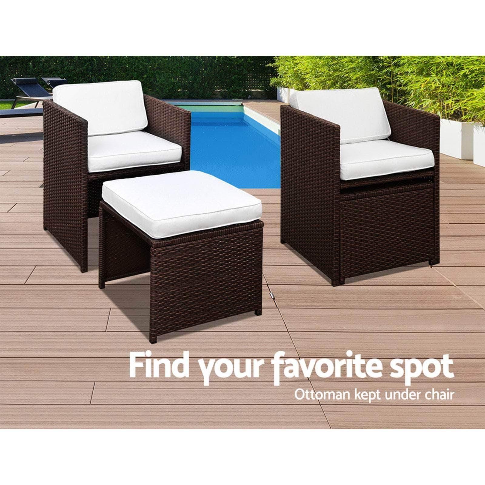 9 Piece Wicker Outdoor Dining Set - Brown & White