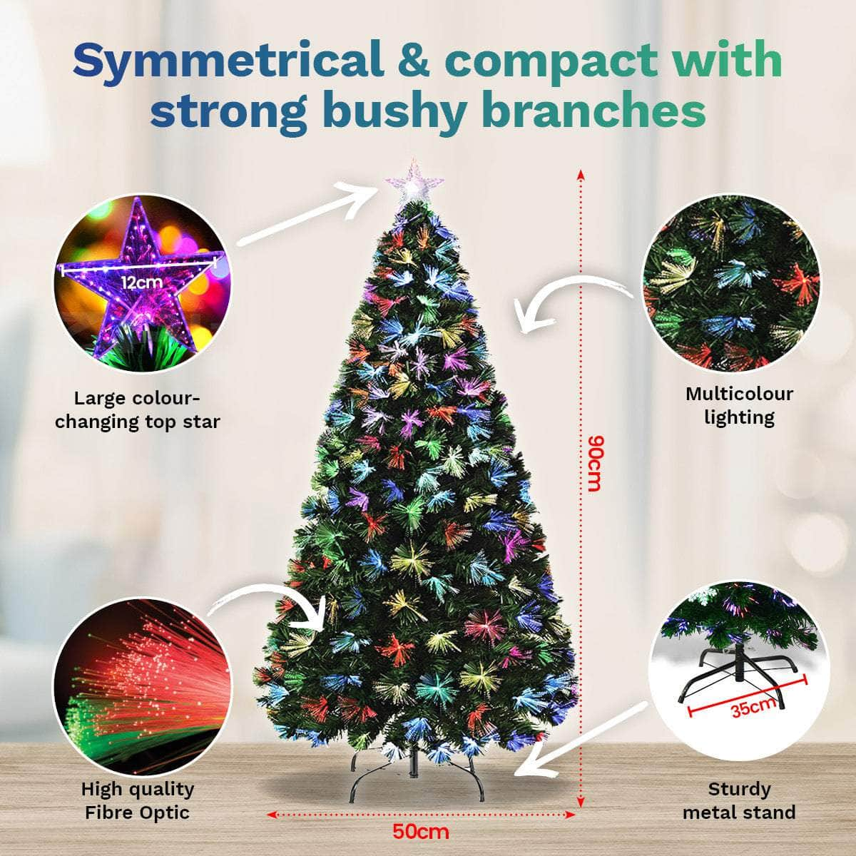 90cm Fibre Optic Christmas Tree 85 Tips Multicolour Lights & Star