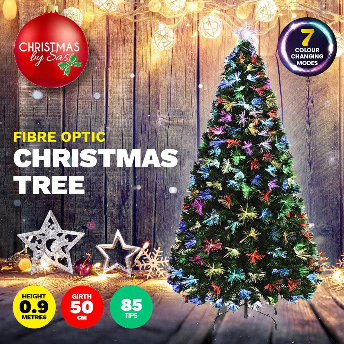 90cm Fibre Optic Christmas Tree 85 Tips Multicolour Lights & Star