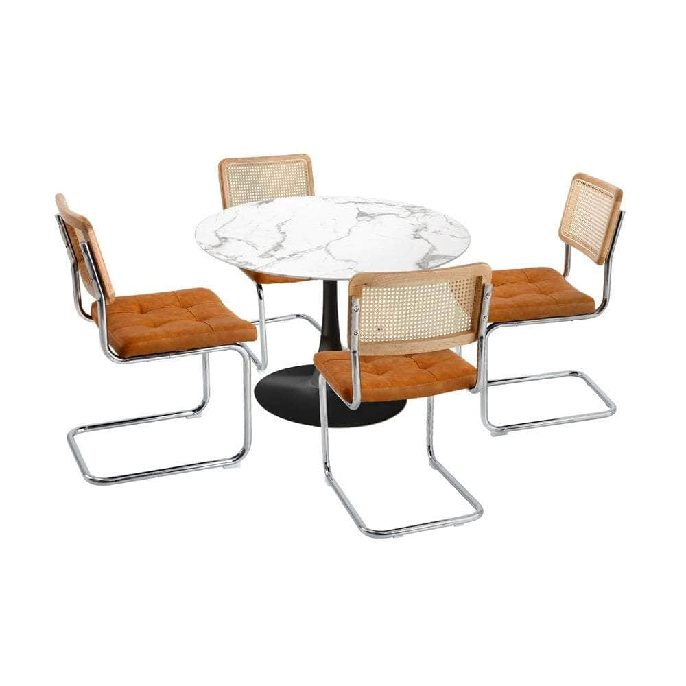 90cm Round Dining Table with 4PCS Chairs PU Leather Brown