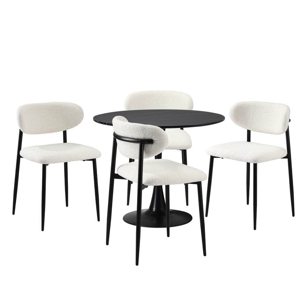 90cm Round Dining Table with 4x Dining Chairs Boucle Black&White