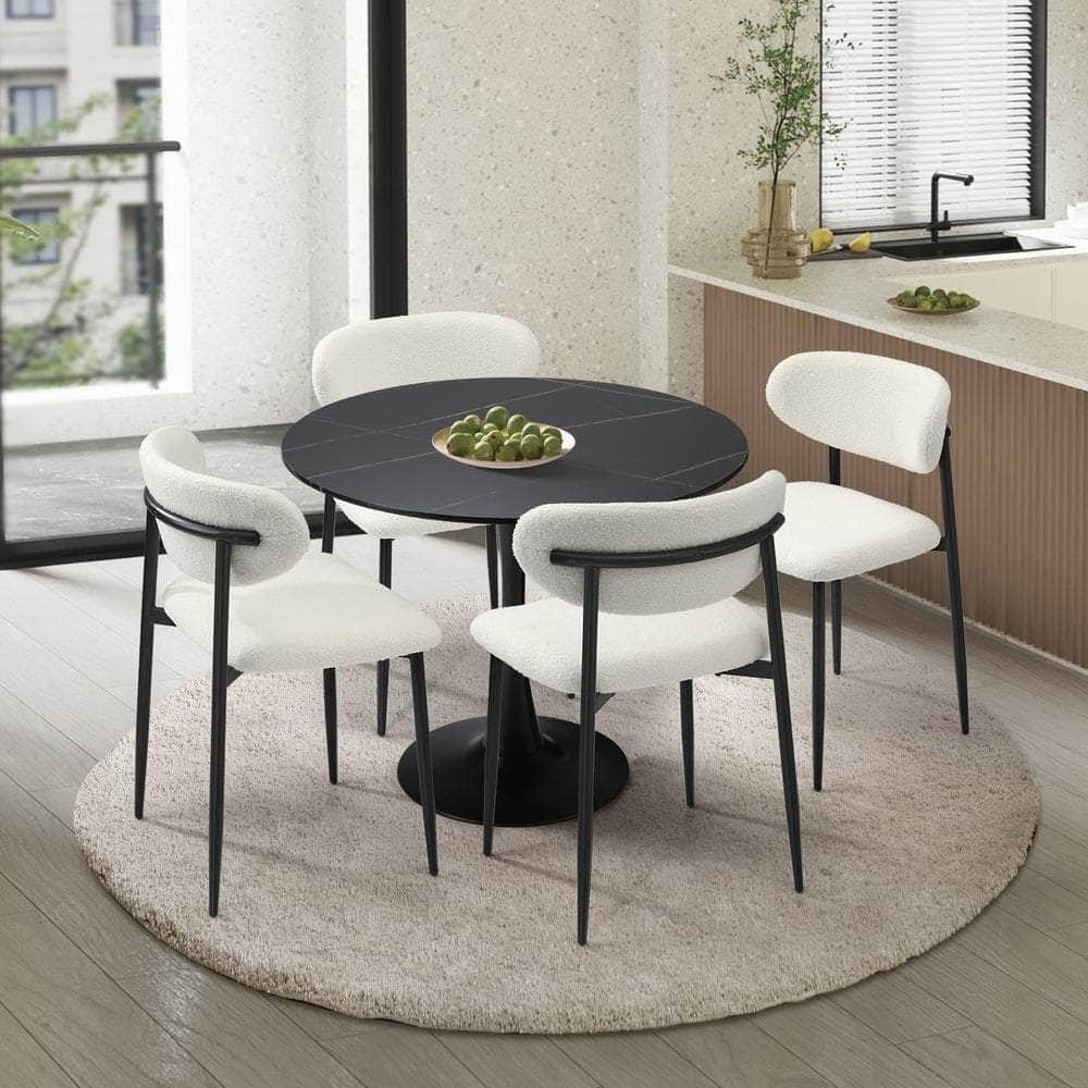 90cm Round Dining Table with 4x Dining Chairs Boucle Black&White