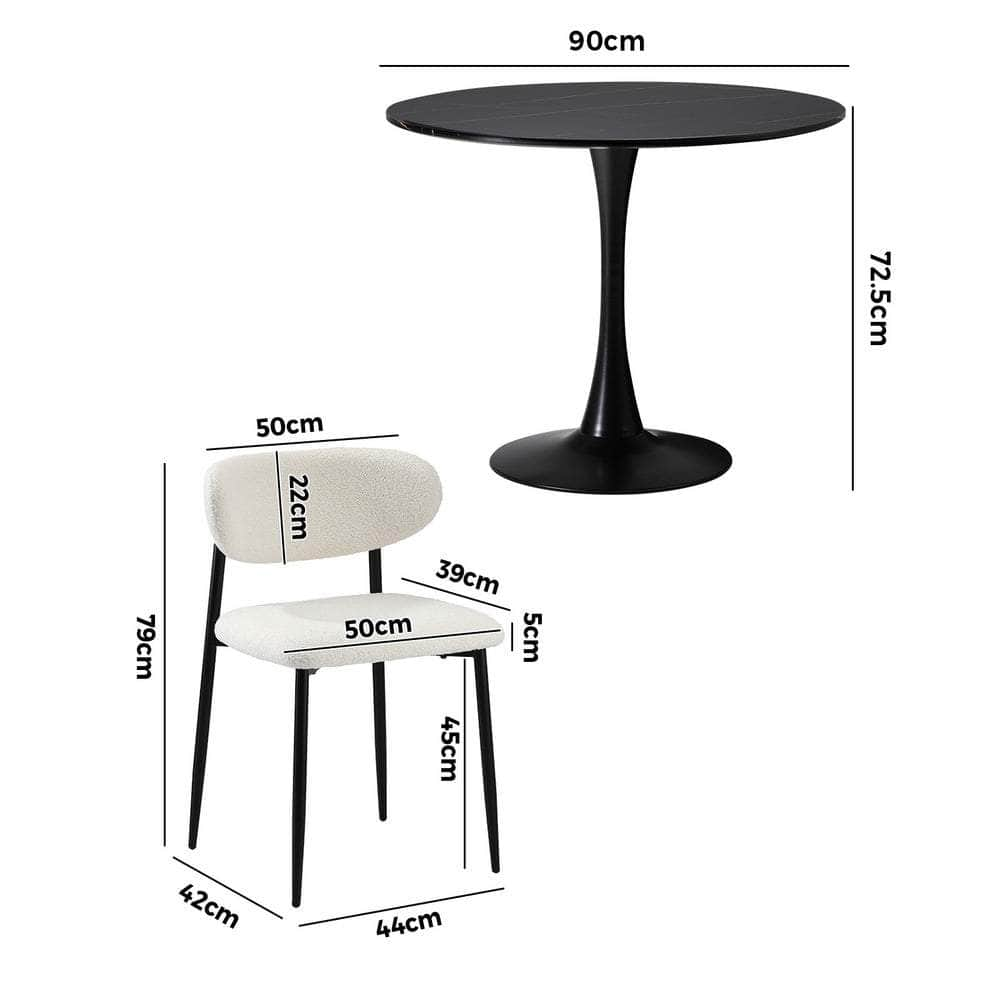 90cm Round Dining Table with 4x Dining Chairs Boucle Black&White