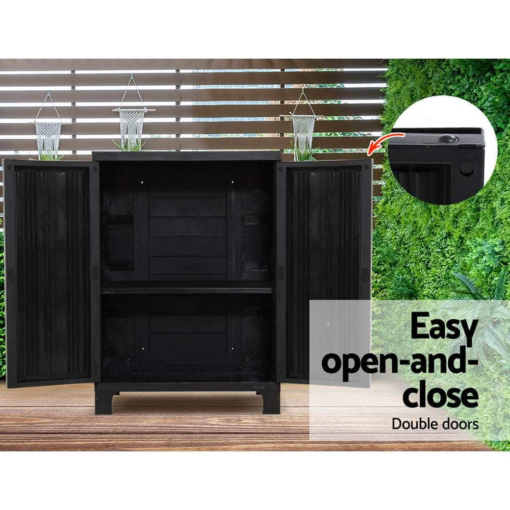 92Cm Outdoor Storage Cabinet Box Lockable Cupboard Sheds Garage Black