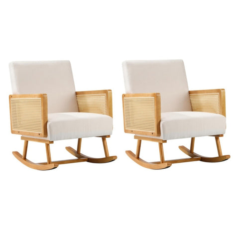 2x Rocking Chair Nursing Armchair Linen PE Rattan Beige