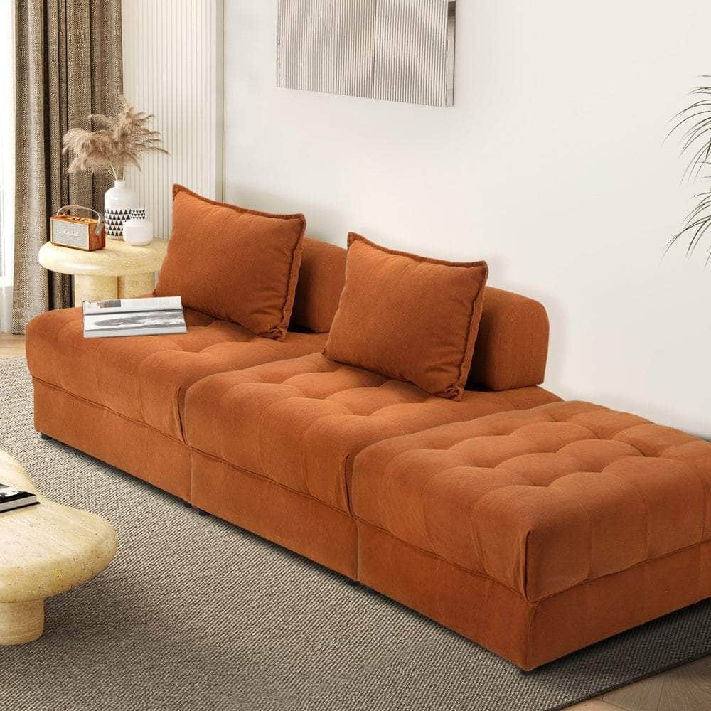 2 Seater Velvet Modular Sofa & Ottoman Set with Backrest Brown