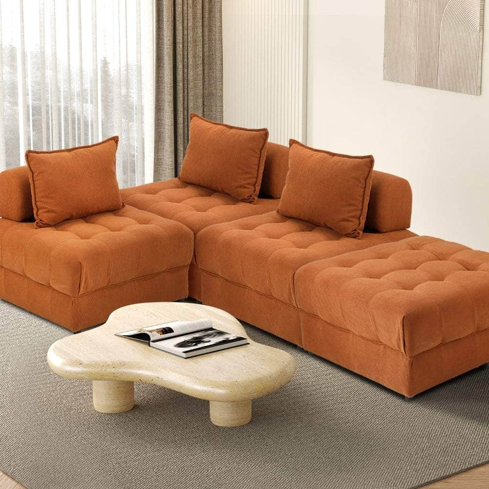 4 Seater Velvet Modular Sofa & Ottoman Set with Backrest Brown