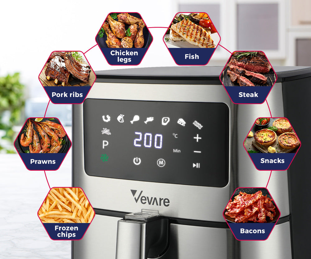 Vevare Air Fryer 5.5L LCD Airfryers Electric Oven Oil Free Kitchen Cooker Silver