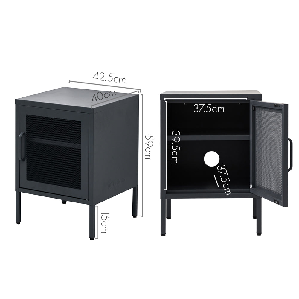 Sleek Bedside Table with Mesh Door - Black