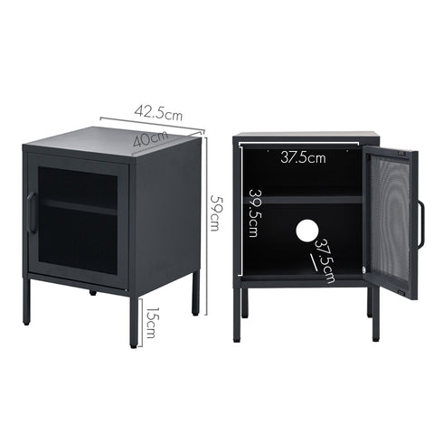 Sleek Bedside Table with Mesh Door - Black