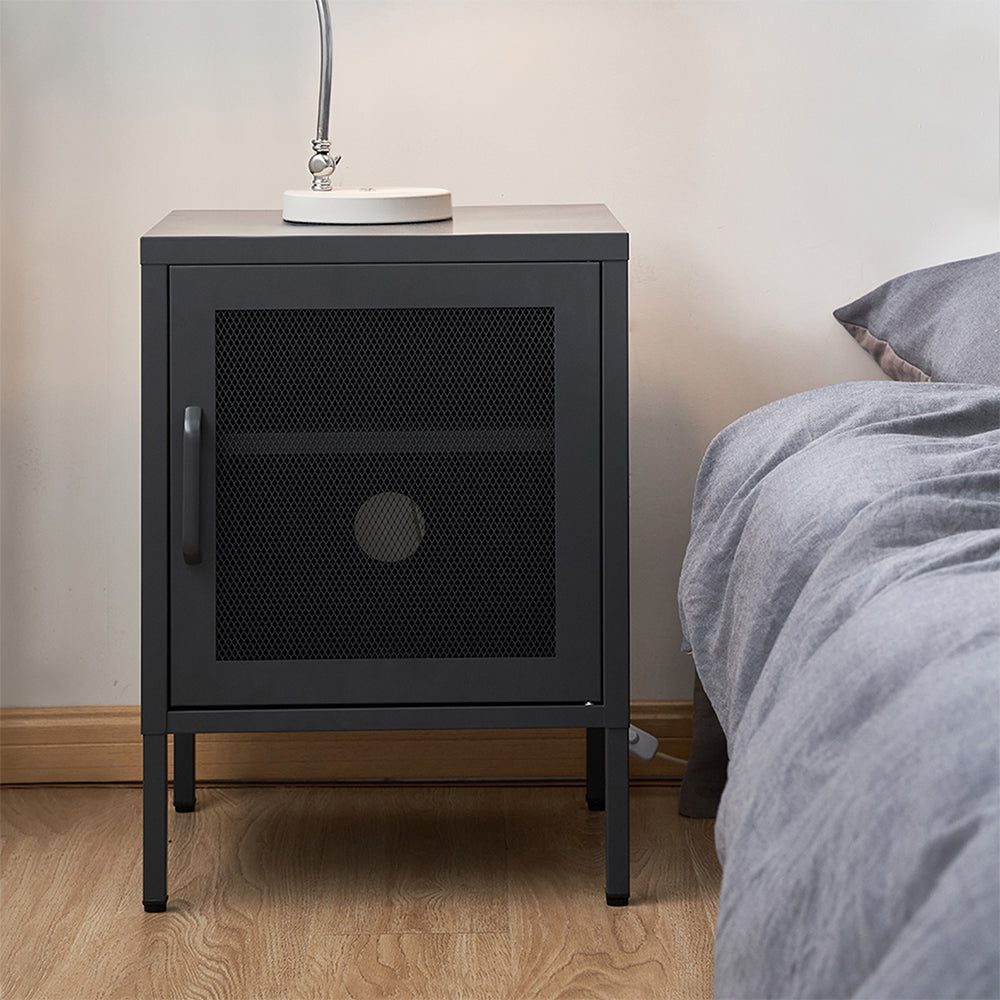 Sleek Bedside Table with Mesh Door - Black