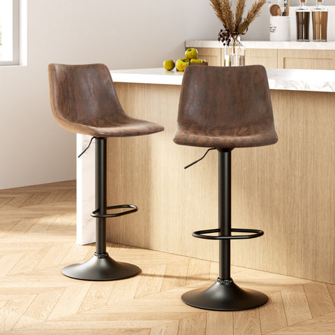 2x Bar Stools Vintage Leather Swivel Gas Lift Brown