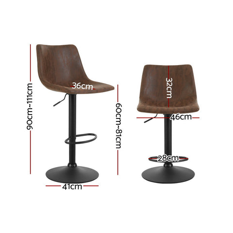 2x Bar Stools Vintage Leather Swivel Gas Lift Brown