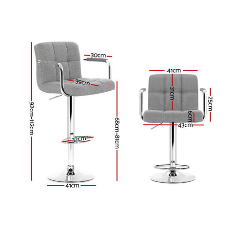 2x Bar Stools Fabric Gas Lift w/Armrest Grey