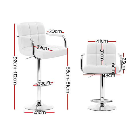 2x Bar Stools Leather Gas Lift w/Armrest White