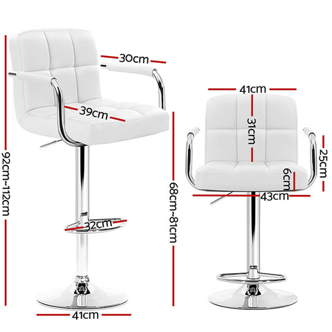 4x Bar Stools Leather Gas Lift w/Armrest White