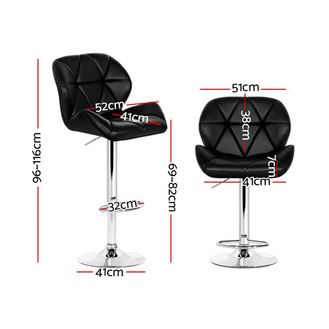 2x Bar Stools Gas Lift Padded Leather Black