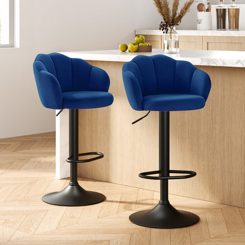 2x Bar Stools Gas Lift Velvet Blue