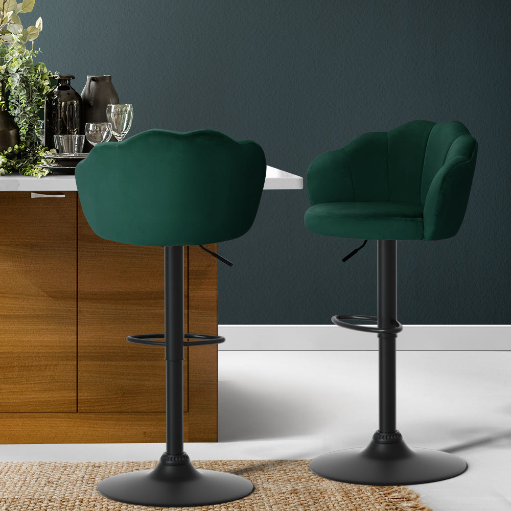 2x Bar Stools Gas Lift Velvet Green