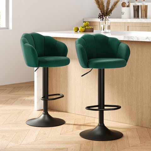 2x Bar Stools Gas Lift Velvet Green