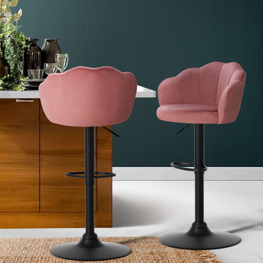 2x Bar Stools Gas Lift Velvet Pink