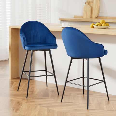 2x Bar Stools Velvet Swivel Metal Legs Blue