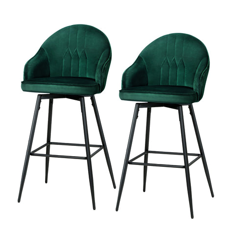 2x Bar Stools Velvet Swivel Metal Legs Green