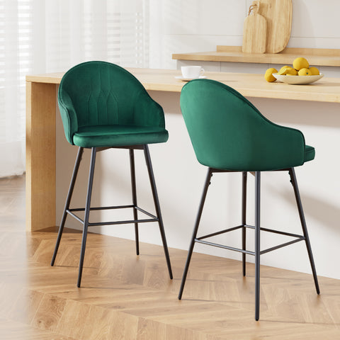 2x Bar Stools Velvet Swivel Metal Legs Green