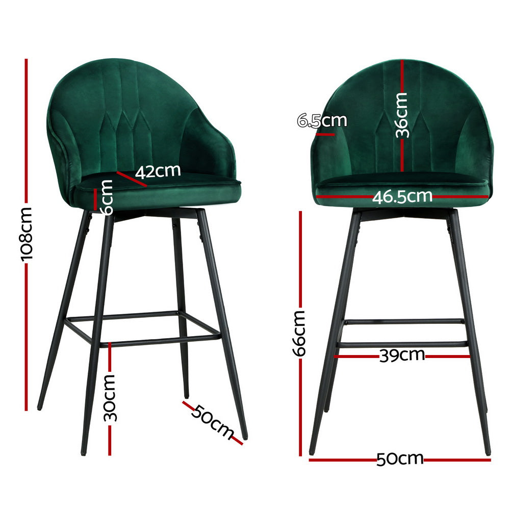 4X Bar Stools Velvet Swivel Metal Legs Green