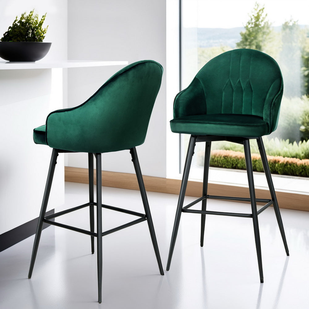 4X Bar Stools Velvet Swivel Metal Legs Blue/Green