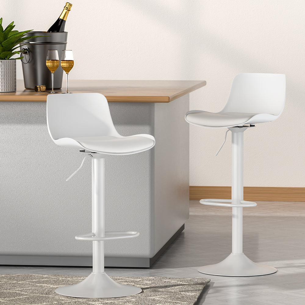 Set of 2 Swivel Bar Stools - White Leather Gas Lift