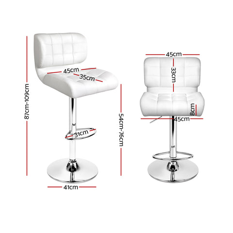 2x Bar Stools Gas Lift Leather Padded White