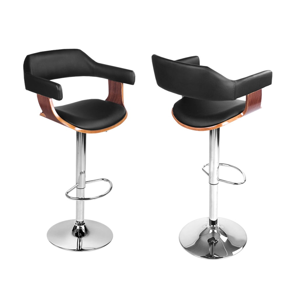 4x Bar Stools Gas Lift Leather w/Armrest Black