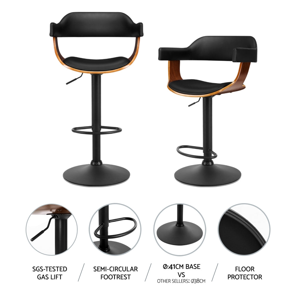 4x Bar Stools Gas Lift Leather with Armrest All Black