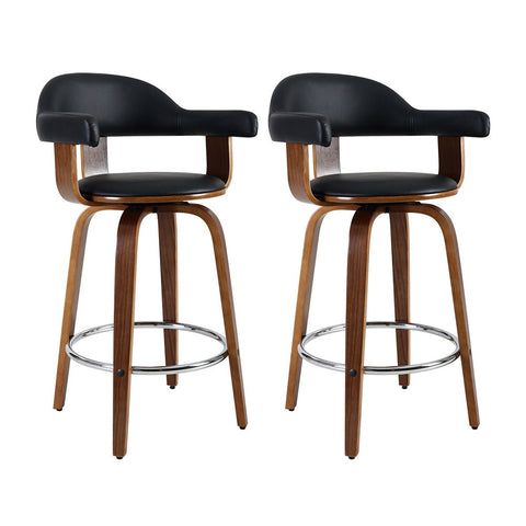 2x Bar Stools Leather Seat Wooden Legs