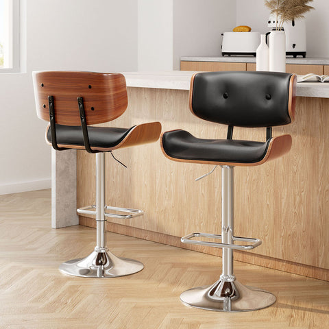 2x Bar Stools Gas Lift Leather Black