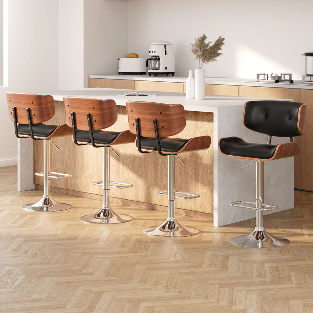 4x Bar Stools Gas Lift Leather Black