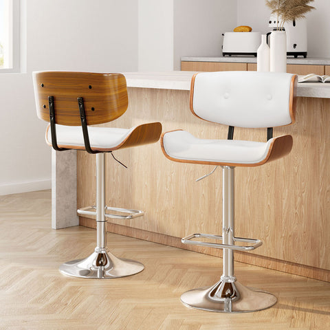 2x Bar Stools Gas Lift Leather White