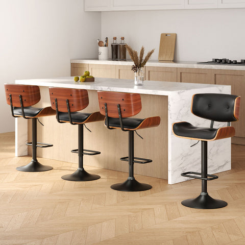 4x Bar Stools Gas Lift Leather All Black