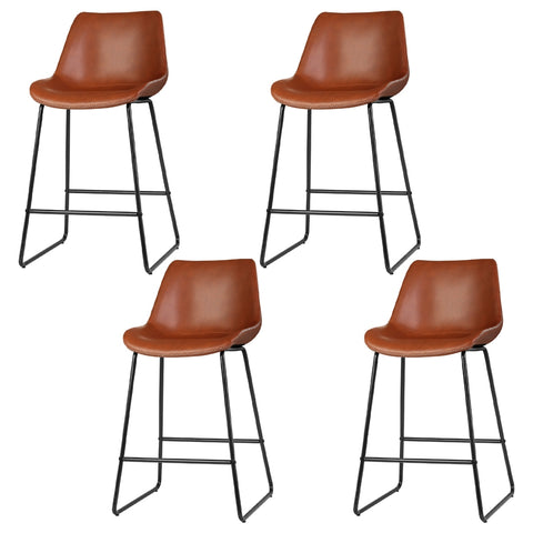 4x Bar Stools Leather Padded Metal Legs Brown