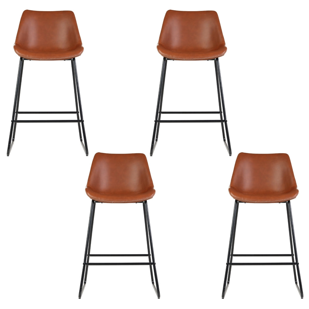 4x Bar Stools Leather Padded Metal Legs Brown