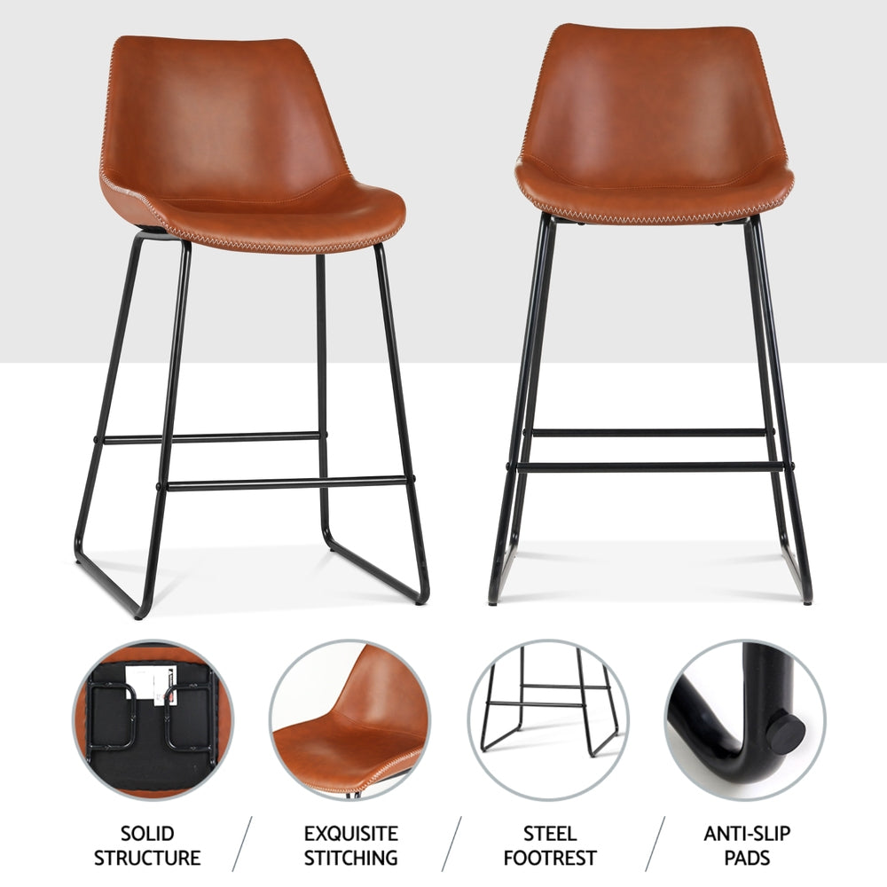 4x Bar Stools Leather Padded Metal Legs Brown