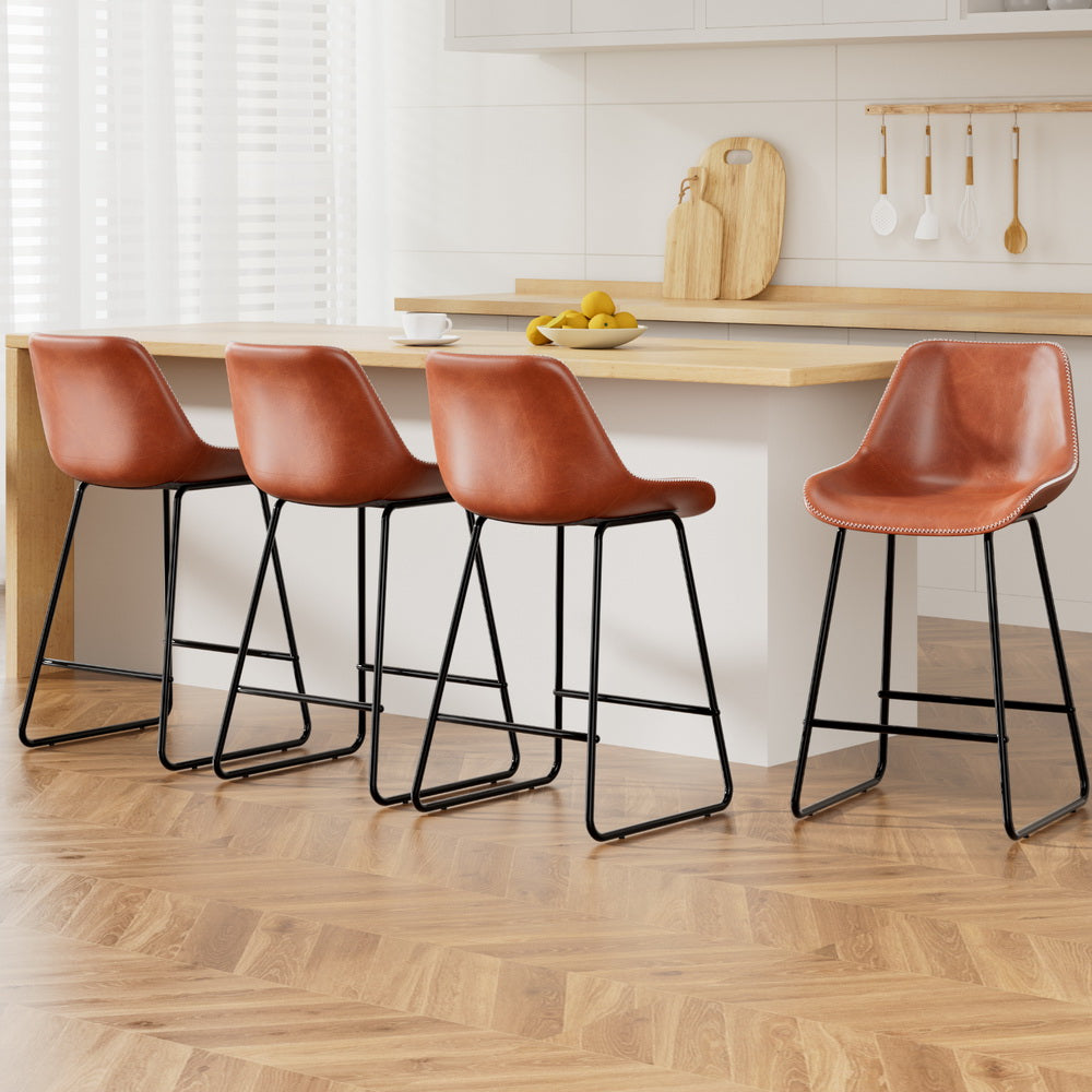 4x Bar Stools Leather Padded Metal Legs Brown