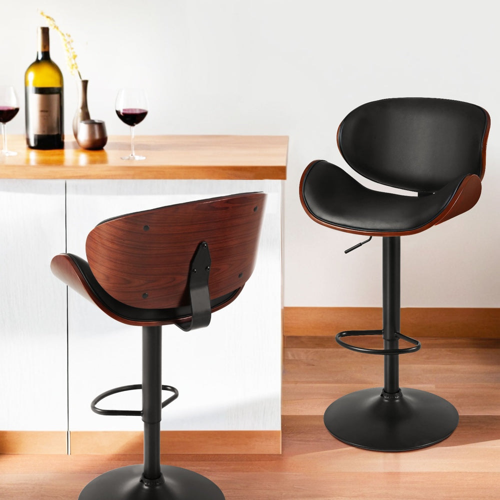 4x Bar Stools Gas Lift Leather Padded Black