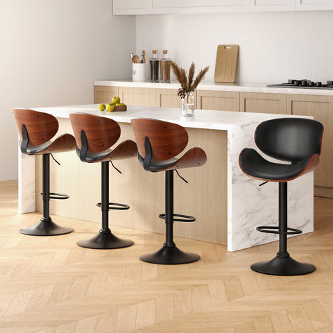 4x Bar Stools Gas Lift Leather Padded Black