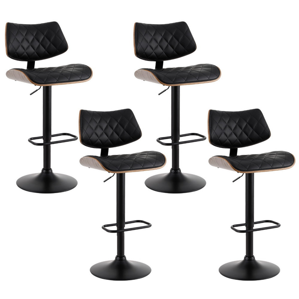 Bar Stools Set of 4 - Black Leather Gas Lift Design