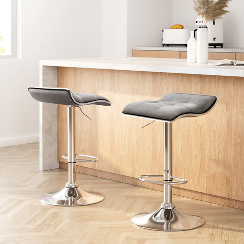 2x Bar Stools Linen Padded Gas Lift