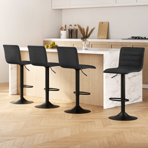 4x Bar Stools Gas Lift Linen Fabric Black