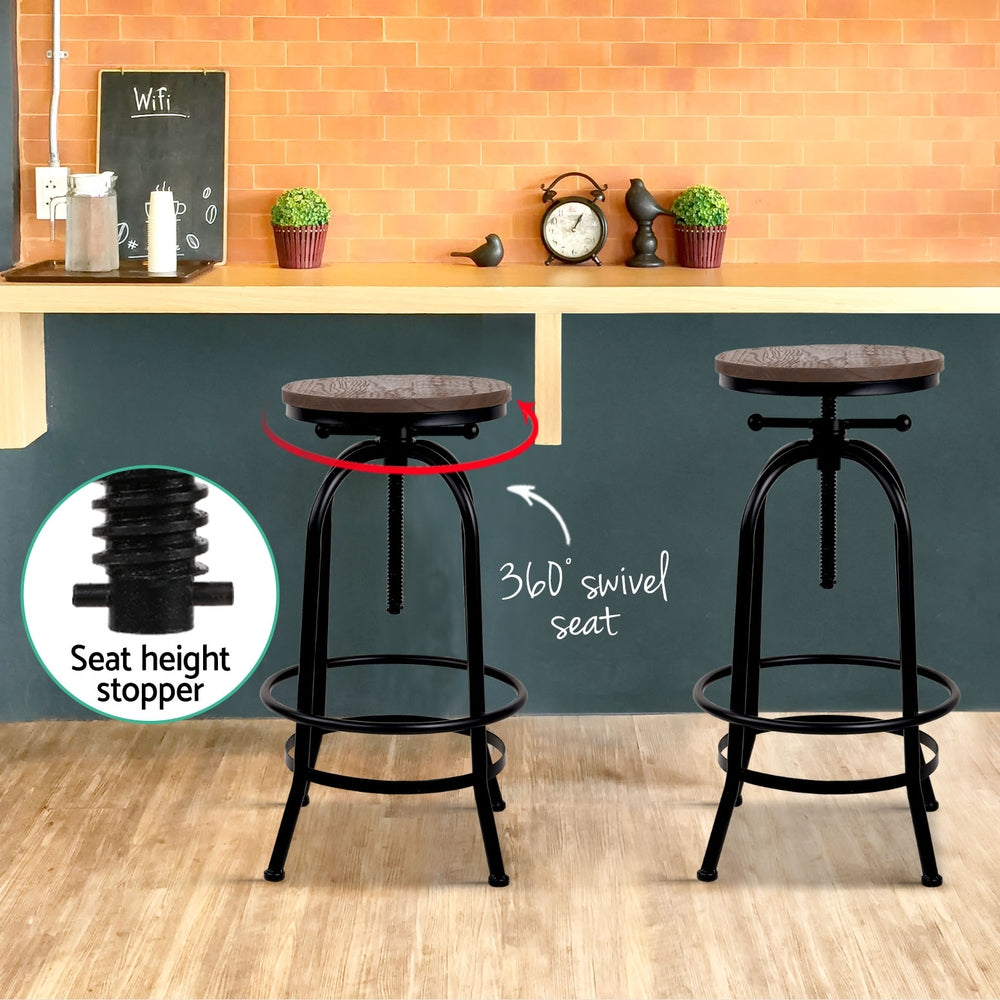 4x Stylish Adjustable Bar Stools - Vintage Wood